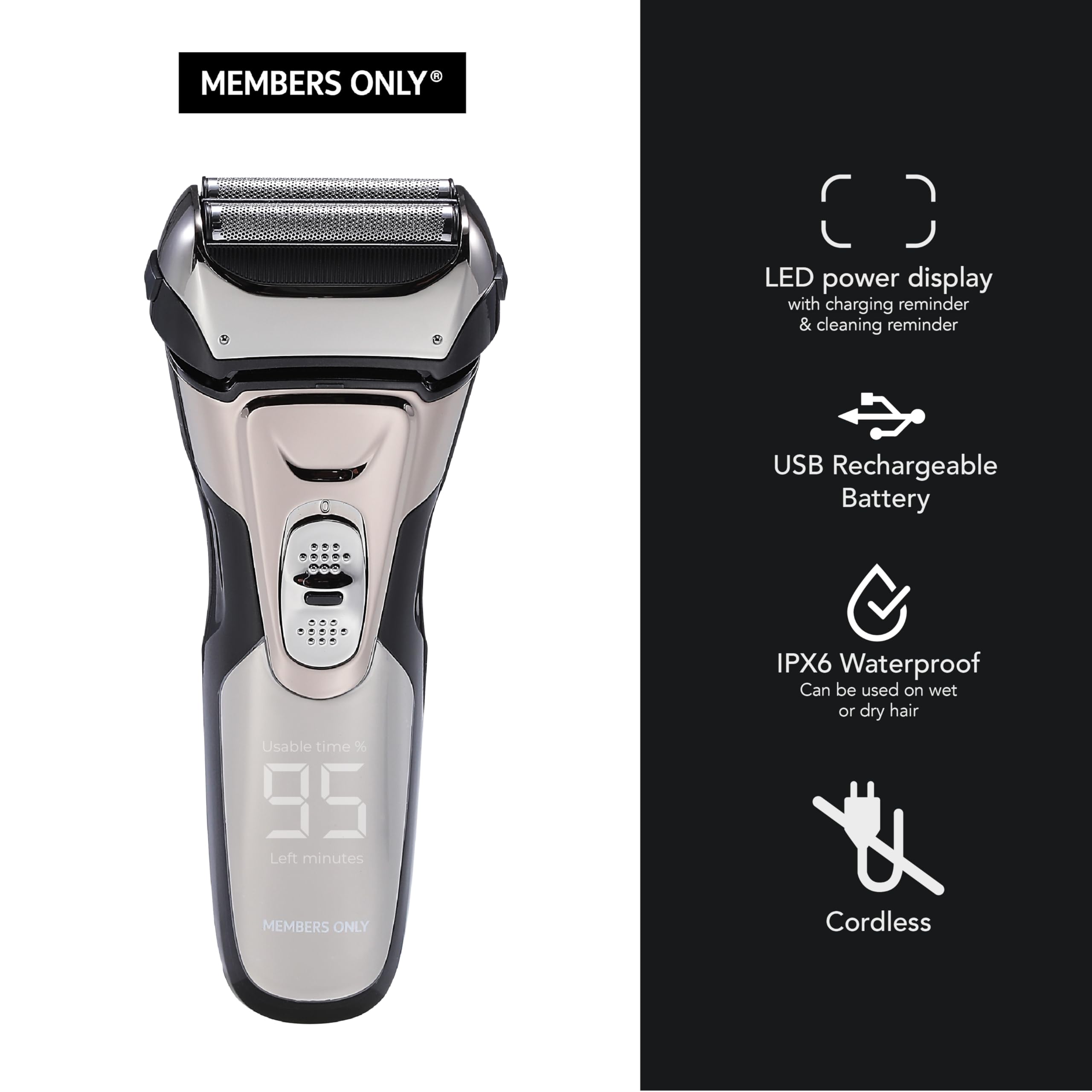 Members Only Foil Shaver, Lithium Metallic Cordless 2 Blade Electric Shaver, Precision Contouring, Pop-up Trimmer, LED Display, Waterproof Design (IPX6), USB Rechargeable - Image 3
